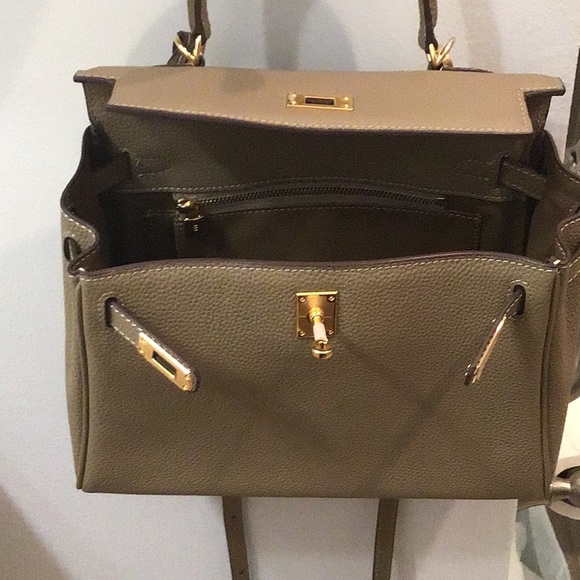 New Elegant Taupe Designer Inspired Satchel Bag with crossbody strap. - Picture 9 of 12